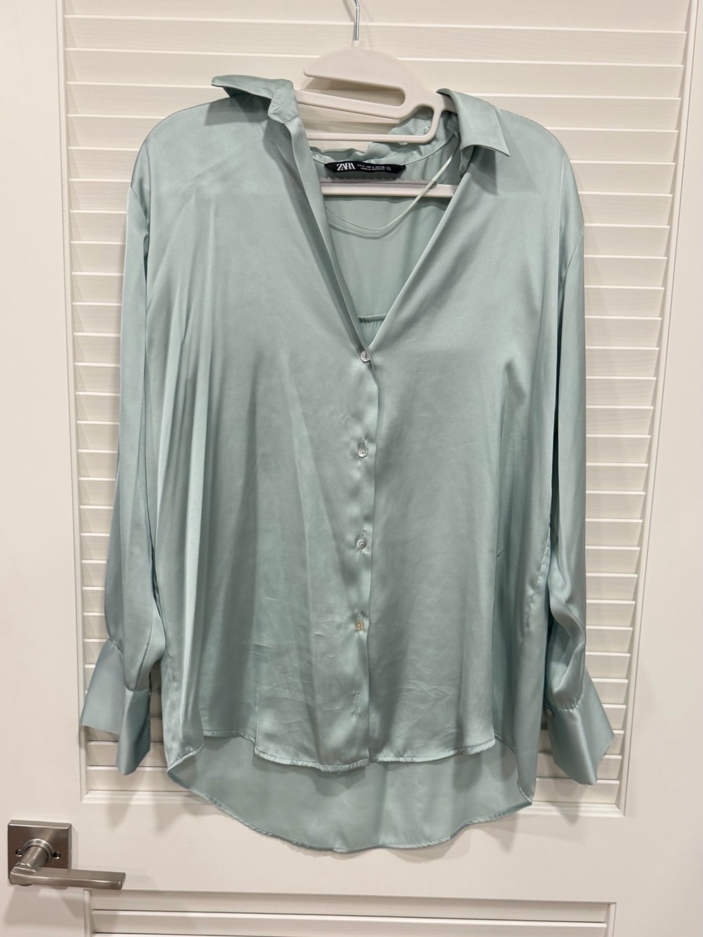 Zara Light Sage Satin Button-Up Blouse